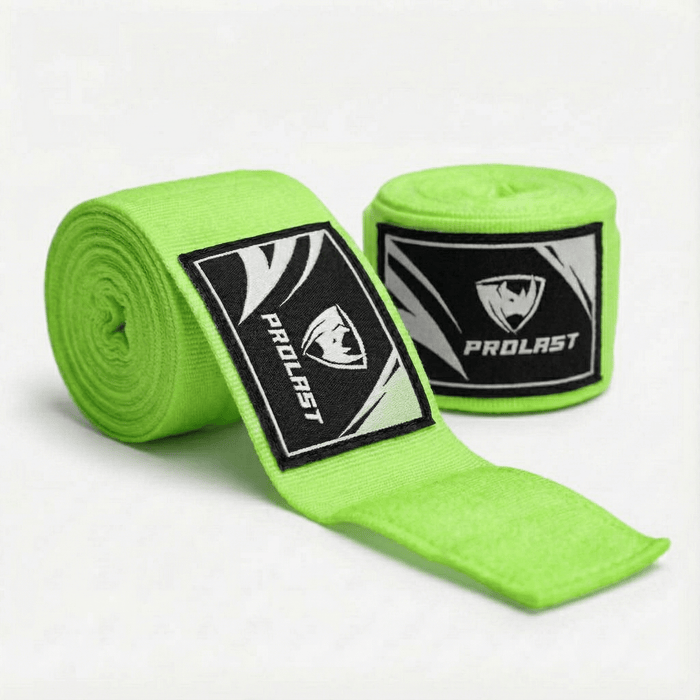 PROLAST 180 in professional boxing hand wraps in Citrus Smash lime green, two rolls, one partly unrolled, with PROLAST labels