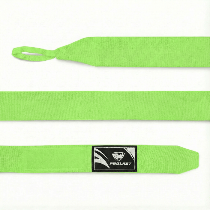 PROLAST 180 in professional boxing hand wraps in Citrus Smash lime green, laid flat: thumb loop, wrap and PROLAST-labelled closure end