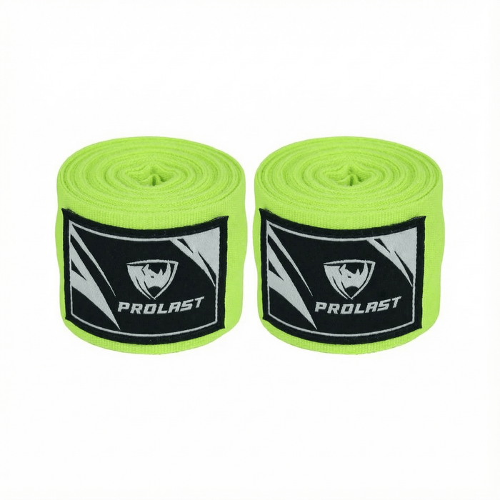 PROLAST 180 in professional boxing hand wraps in Citrus Smash lime green, two rolled wraps side by side with PROLAST labels