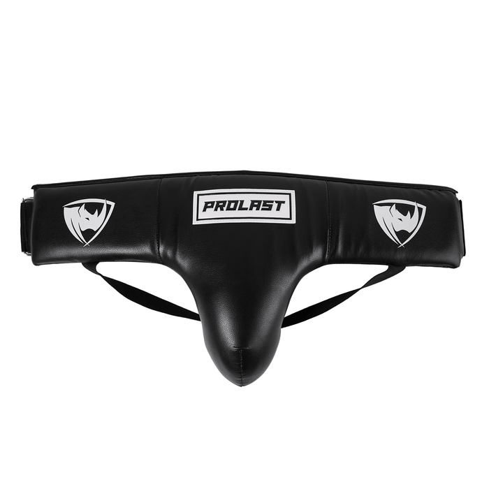 PROLAST professional groin protector in black, cup on a waistband with two rhino shield logos and black leg straps