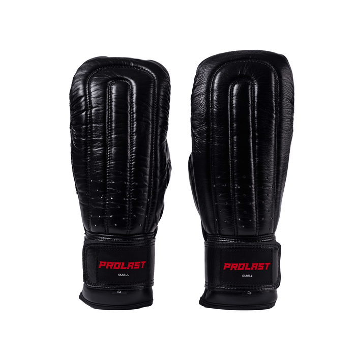 PROLAST leather bag punching mitts in black, pair from the back with padded ridges and red PROLAST wrist labels