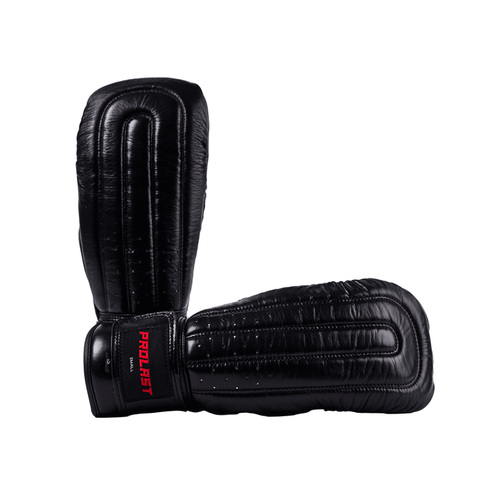 PROLAST leather bag punching mitts in black, one mitt standing and one lying on its side, red PROLAST wrist label