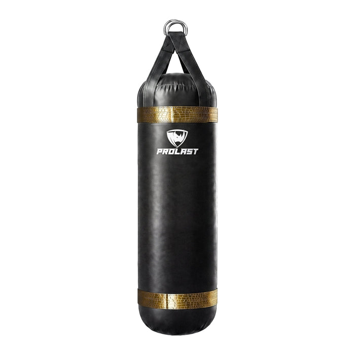 PROLAST 4 ft 80 lb stock heavy bag, black with gold alligator trims, front view with the PROLAST logo