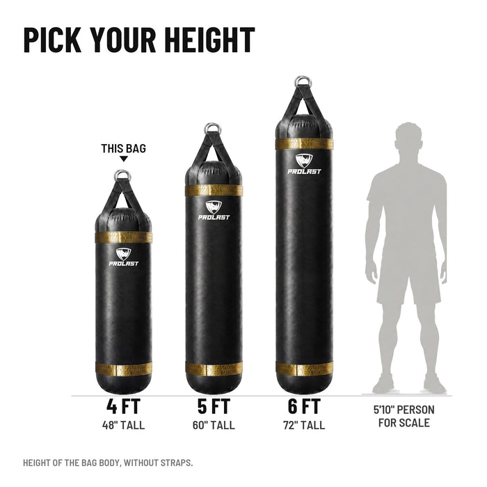 Height guide: 4, 5 and 6 ft PROLAST heavy bags in black with gold trims to scale next to a 5 ft 10 in person; this bag is the 4 ft 80 lb