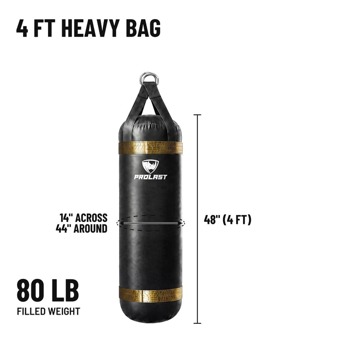 4 ft 80 lb heavy bag: 48 in body, 14 in across, 44 in around, 80 lb filled