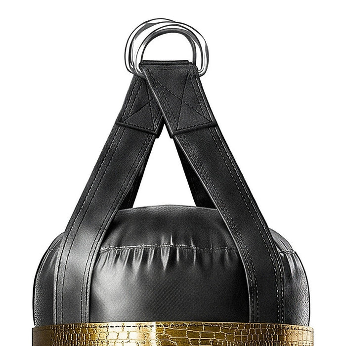 Close-up of the 4 ft 80 lb heavy bag: hanging straps box-X stitching and two heavy steel D-rings