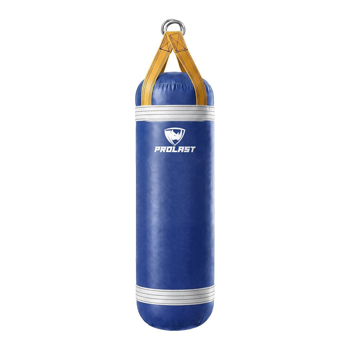 PROLAST 4 ft 80 lb stock heavy bag, royal blue with white trims and yellow straps, front view with the PROLAST logo