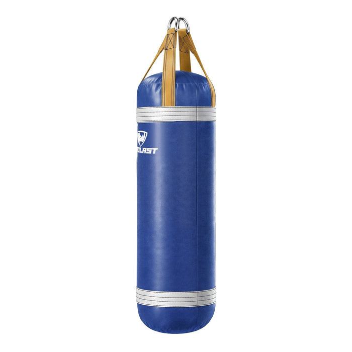 PROLAST 4 ft 80 lb stock heavy bag, royal blue with white trims and yellow straps, side view
