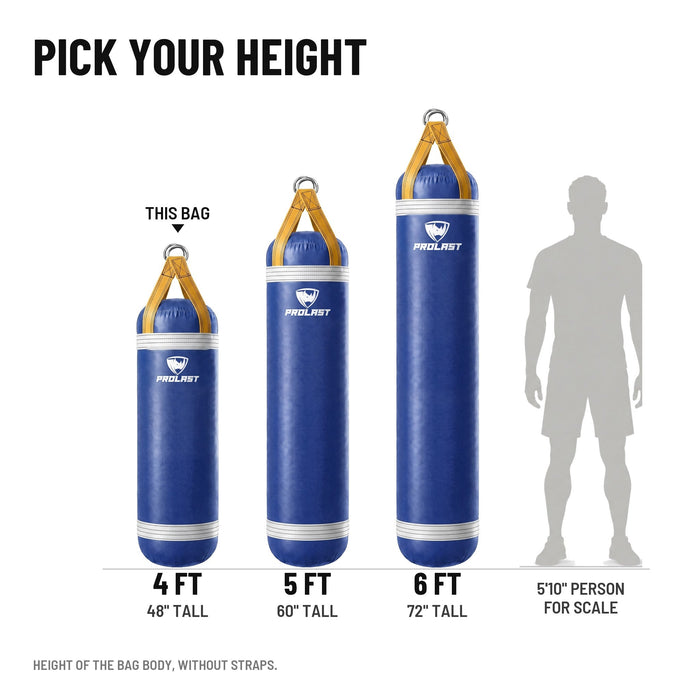 Height guide: 4, 5 and 6 ft PROLAST heavy bags in royal blue with white trims and yellow straps to scale next to a 5 ft 10 in person; this bag is the 4 ft 80 lb