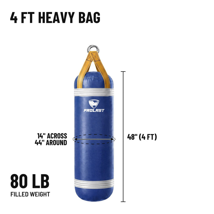 4 ft 80 lb heavy bag: 48 in body, 14 in across, 44 in around, 80 lb filled