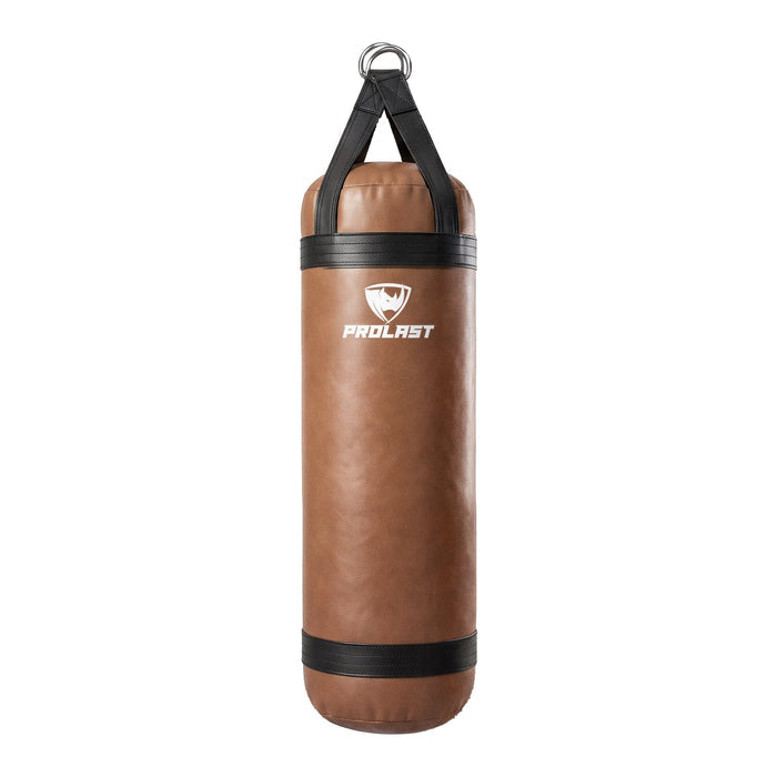 PROLAST 4 ft 80 lb stock heavy bag, brown with black trims and straps, front view with the PROLAST logo