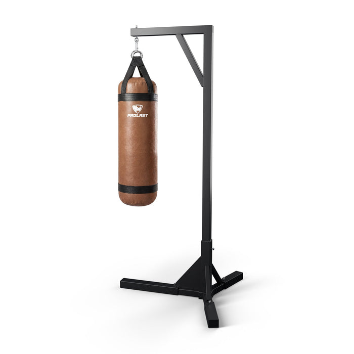 PROLAST 4 ft 80 lb stock heavy bag, brown, hanging from a PROLAST single bag stand on a steel snap hook through its D-rings (stand sold separately)