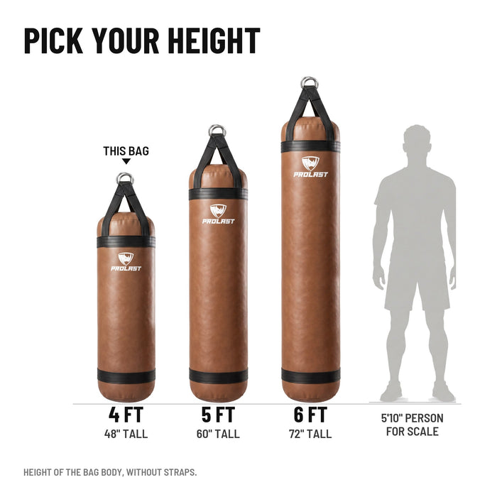 Height guide: 4, 5 and 6 ft PROLAST heavy bags in brown to scale next to a 5 ft 10 in person; this bag is the 4 ft 80 lb