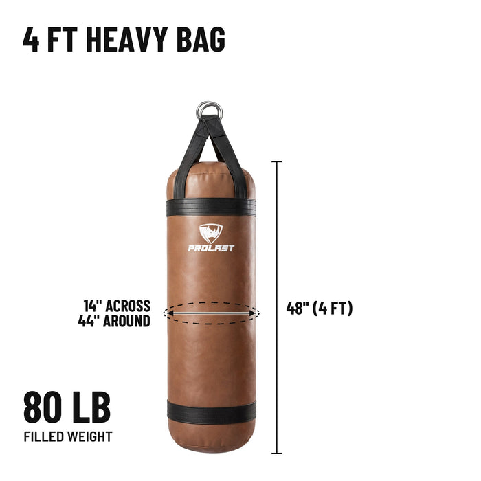 4 ft 80 lb heavy bag: 48 in body, 14 in across, 44 in around, 80 lb filled