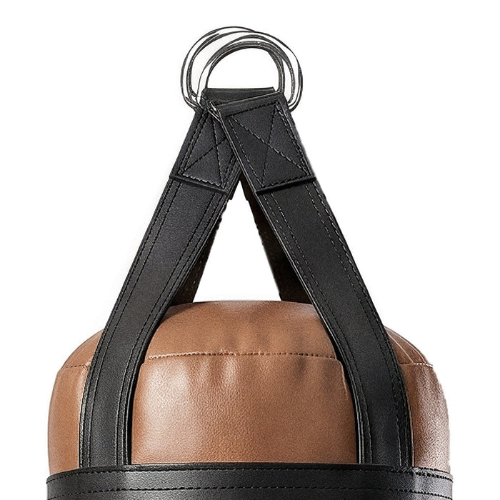 Close-up of the 4 ft 80 lb heavy bag: hanging straps box-X stitching and two heavy steel D-rings