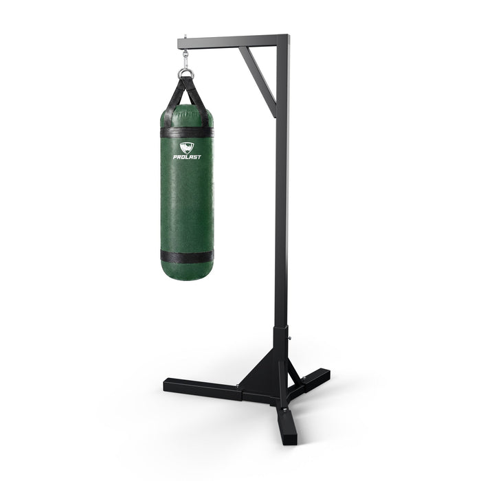 PROLAST 4 ft 80 lb stock heavy bag, green, hanging from a PROLAST single bag stand on a steel snap hook through its D-rings (stand sold separately)