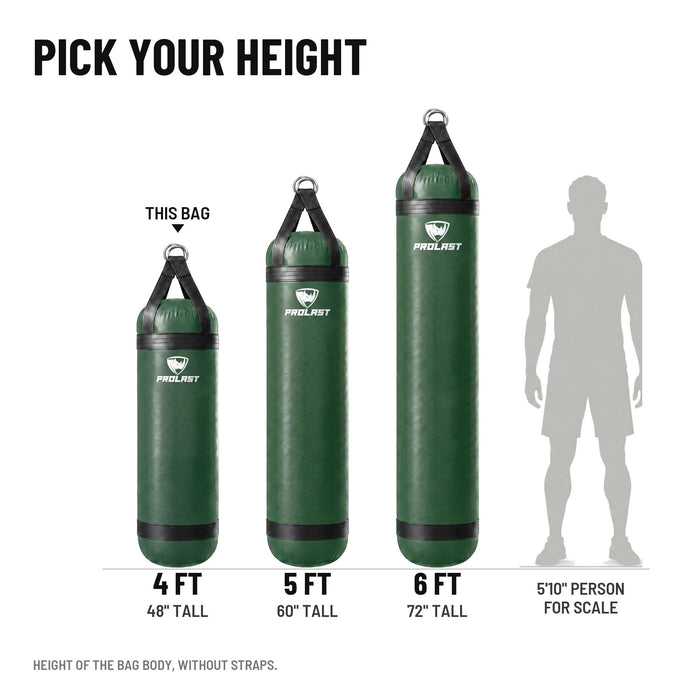 Height guide: 4, 5 and 6 ft PROLAST heavy bags in green to scale next to a 5 ft 10 in person; this bag is the 4 ft 80 lb