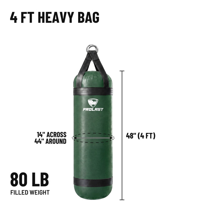 4 ft 80 lb heavy bag: 48 in body, 14 in across, 44 in around, 80 lb filled