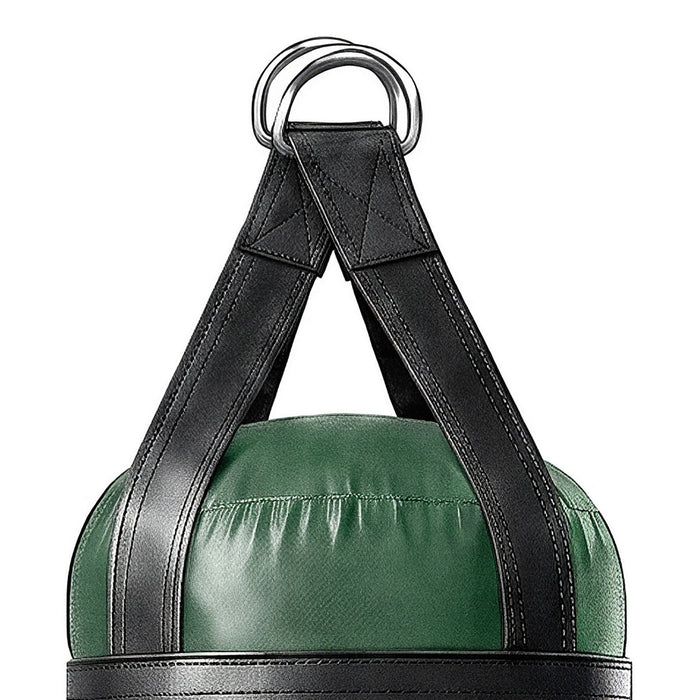 Close-up of the 4 ft 80 lb heavy bag: hanging straps box-X stitching and two heavy steel D-rings