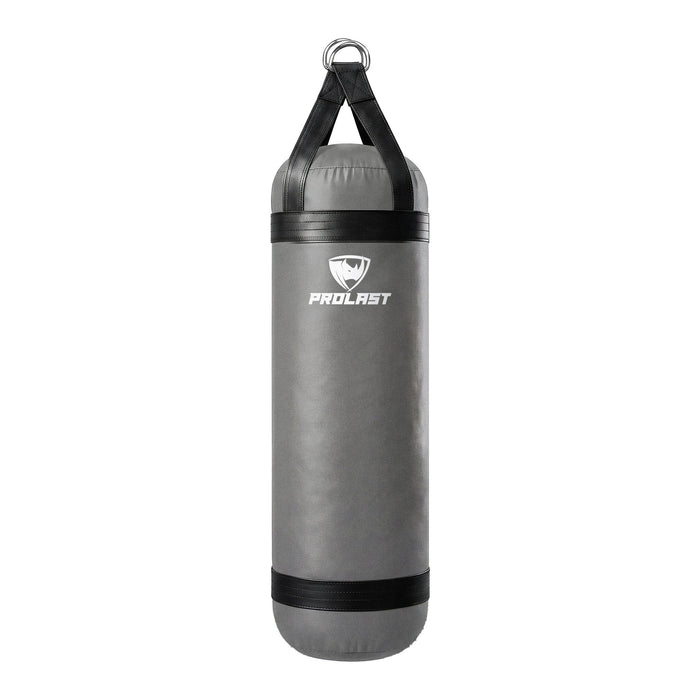 PROLAST 4 ft 80 lb stock heavy bag, smoke grey with black trims and straps, front view with the PROLAST logo
