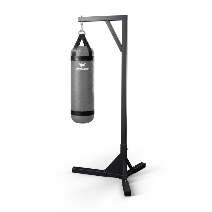 PROLAST 4 ft 80 lb stock heavy bag, smoke grey, hanging from a PROLAST single bag stand on a steel snap hook through its D-rings (stand sold separately)