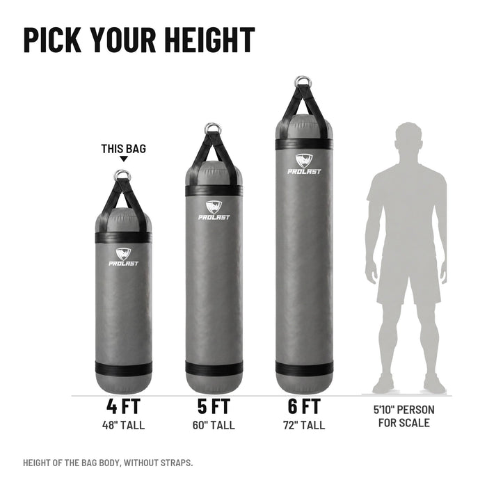 Height guide: 4, 5 and 6 ft PROLAST heavy bags in smoke grey to scale next to a 5 ft 10 in person; this bag is the 4 ft 80 lb