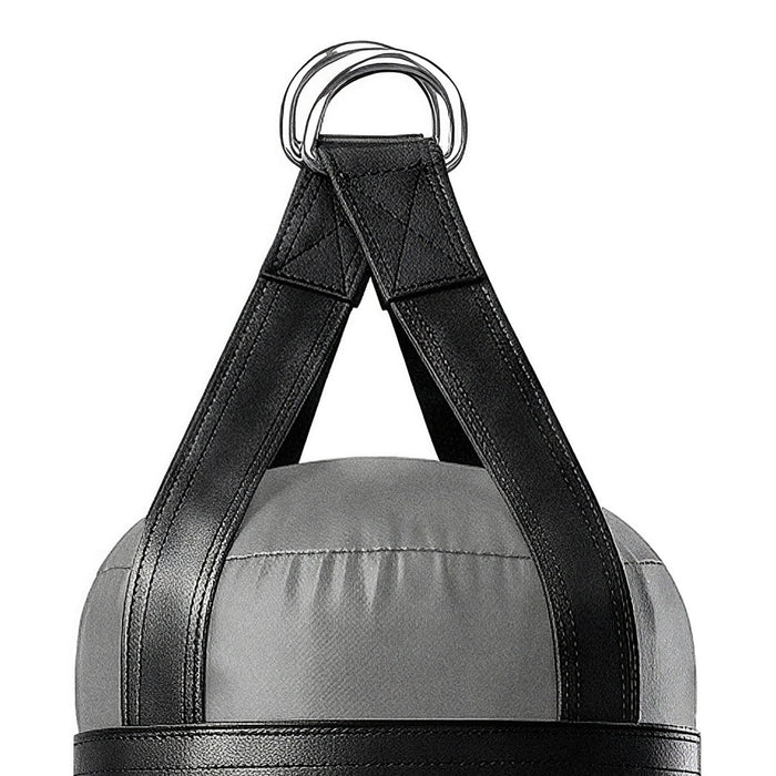 Close-up of the 4 ft 80 lb heavy bag: hanging straps box-X stitching and two heavy steel D-rings