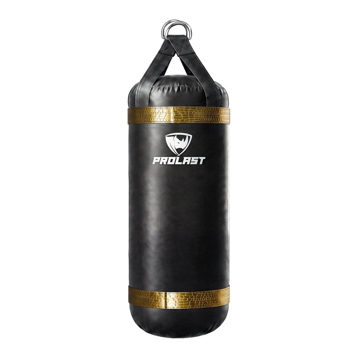 PROLAST 4 ft XL 135 lb stock heavy bag, black with gold alligator trims, front view with the PROLAST logo