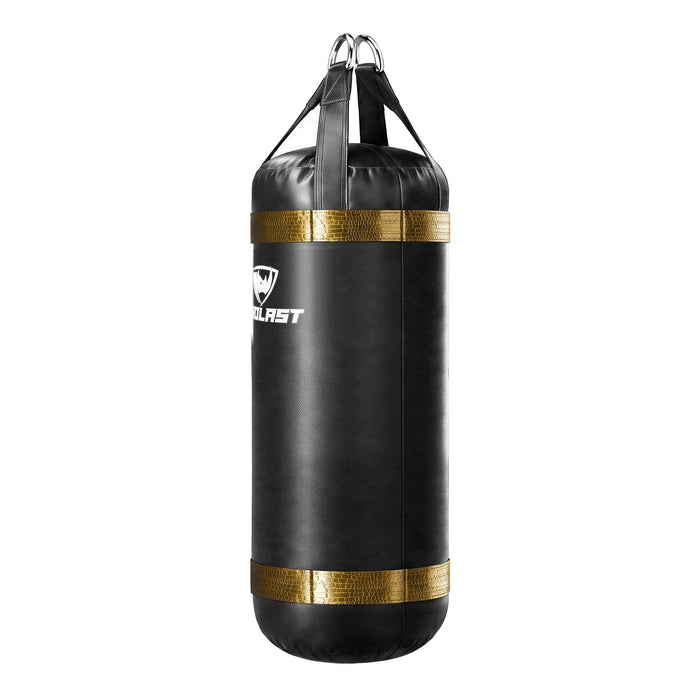 PROLAST 4 ft XL 135 lb stock heavy bag, black with gold alligator trims, side view