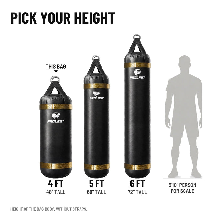Height guide: 4, 5 and 6 ft PROLAST heavy bags in black with gold trims to scale next to a 5 ft 10 in person; this bag is the 4 ft XL 135 lb