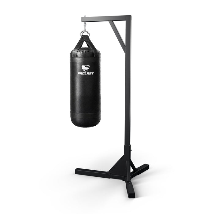 PROLAST 4 ft XL 135 lb stock heavy bag, black, hanging from a PROLAST single bag stand on a steel snap hook through its D-rings (stand sold separately)