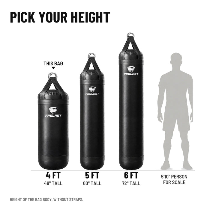Height guide: 4, 5 and 6 ft PROLAST heavy bags in black to scale next to a 5 ft 10 in person; this bag is the 4 ft XL 135 lb