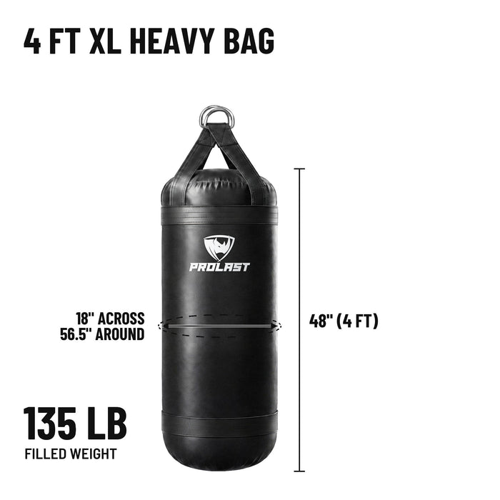 4 ft XL 135 lb heavy bag: 48 in body, 18 in across, 56.5 in around, 135 lb filled