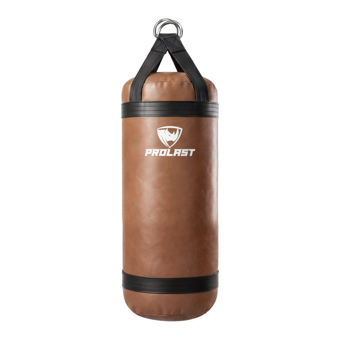 PROLAST 4 ft XL 135 lb stock heavy bag, brown with black trims and straps, front view with the PROLAST logo