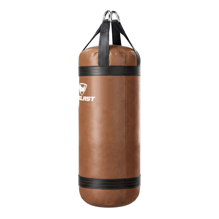 PROLAST 4 ft XL 135 lb stock heavy bag, brown with black trims and straps, side view