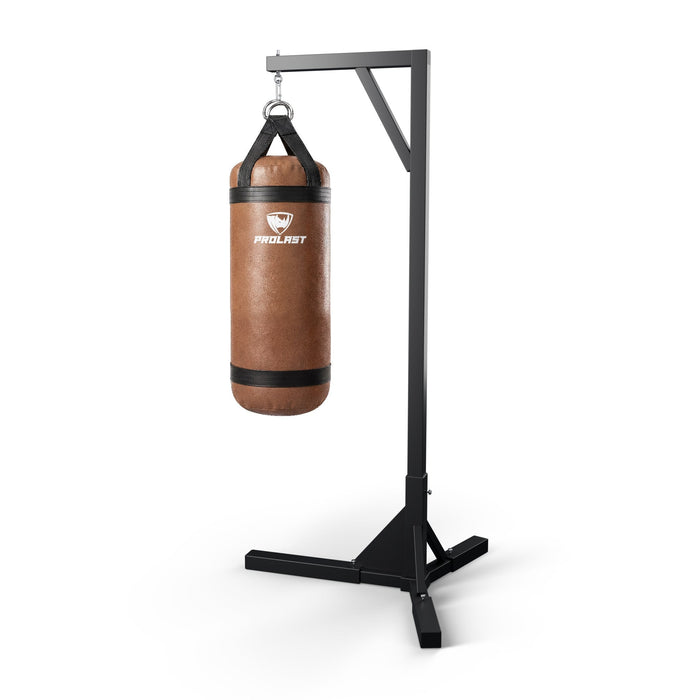 PROLAST 4 ft XL 135 lb stock heavy bag, brown, hanging from a PROLAST single bag stand on a steel snap hook through its D-rings (stand sold separately)