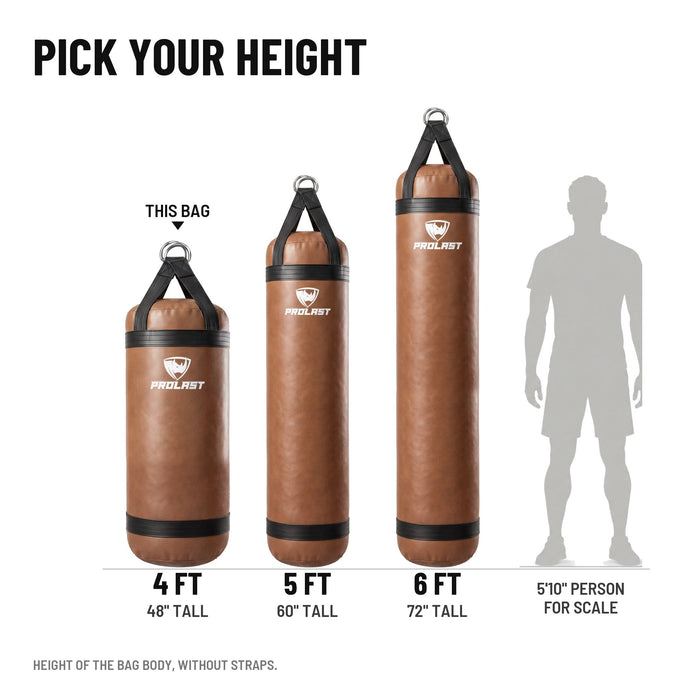 Height guide: 4, 5 and 6 ft PROLAST heavy bags in brown to scale next to a 5 ft 10 in person; this bag is the 4 ft XL 135 lb