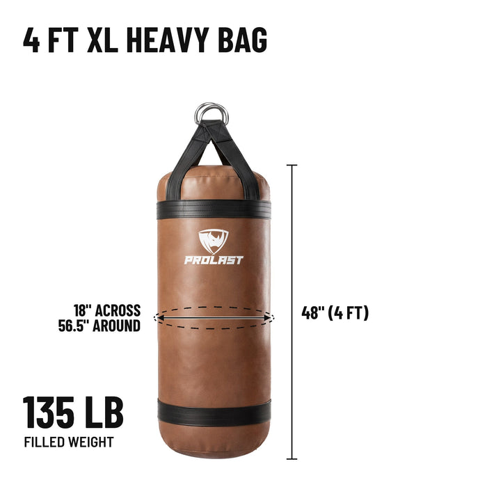 4 ft XL 135 lb heavy bag: 48 in body, 18 in across, 56.5 in around, 135 lb filled