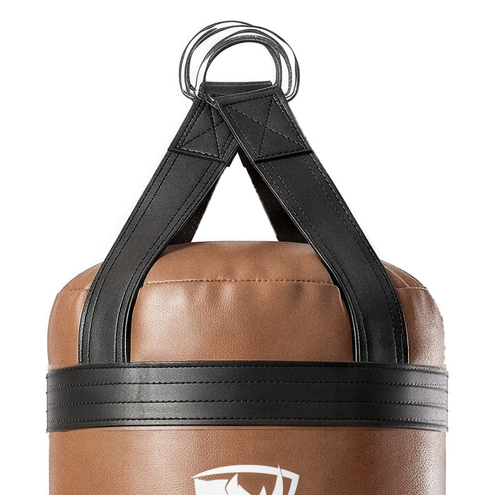 Close-up of the 4 ft XL 135 lb heavy bag: hanging straps box-X stitching and two heavy steel D-rings