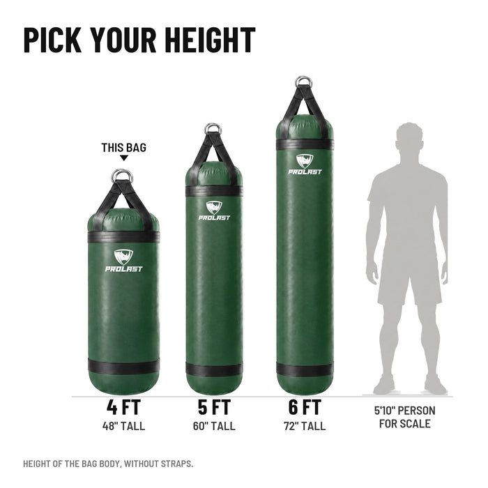 Height guide: 4, 5 and 6 ft PROLAST heavy bags in green to scale next to a 5 ft 10 in person; this bag is the 4 ft XL 135 lb