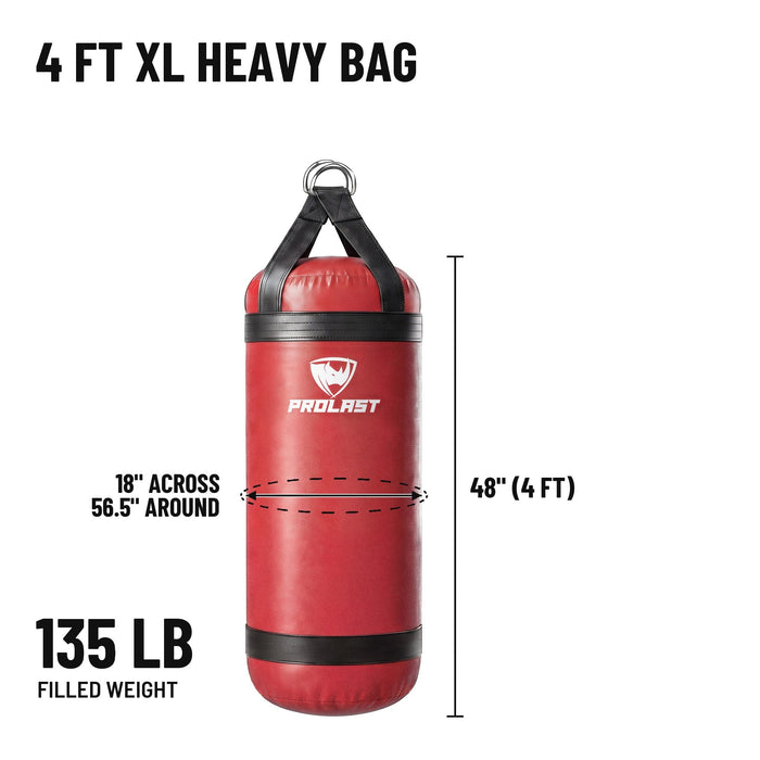 4 ft XL 135 lb heavy bag: 48 in body, 18 in across, 56.5 in around, 135 lb filled