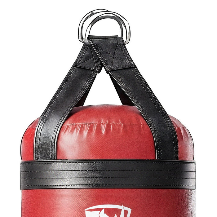 Close-up of the 4 ft XL 135 lb heavy bag: hanging straps box-X stitching and two heavy steel D-rings