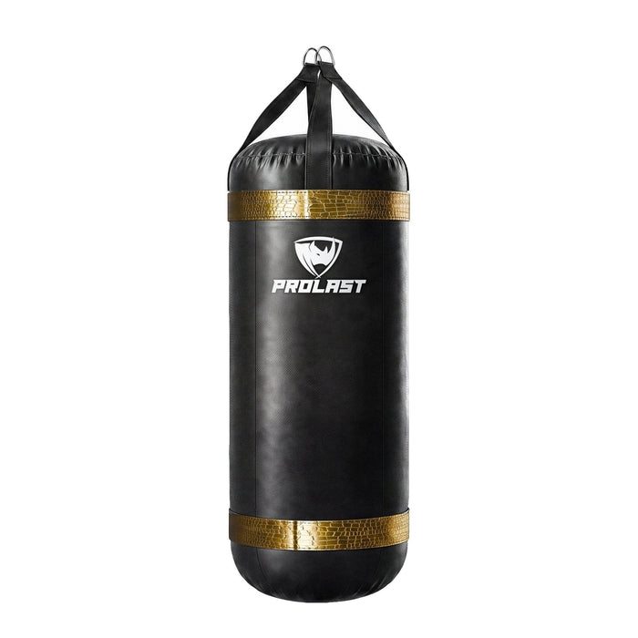 PROLAST 4 ft XL 150 lb stock heavy bag, black with gold alligator trims, front view with the PROLAST logo