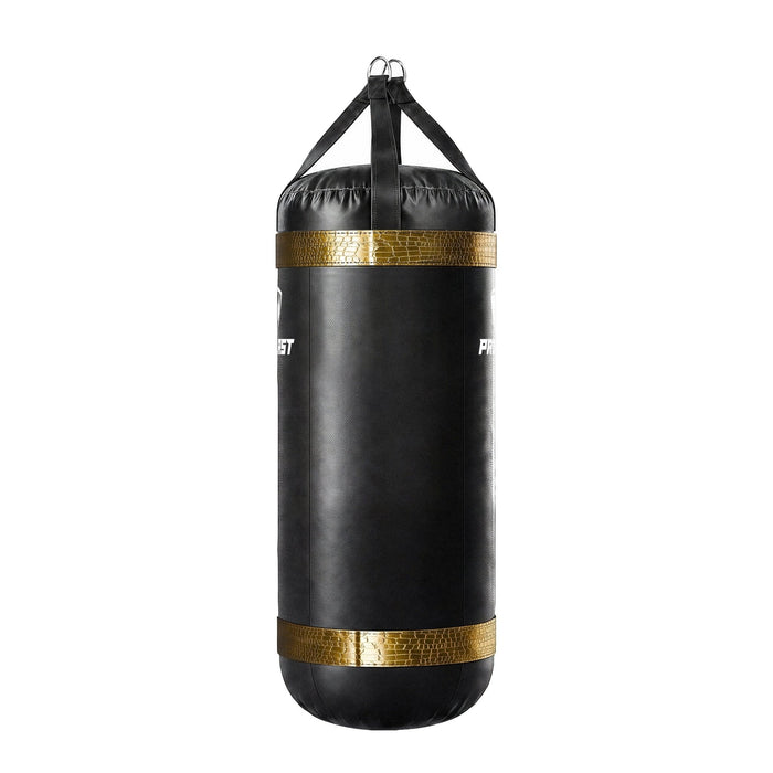 PROLAST 4 ft XL 150 lb stock heavy bag, black with gold alligator trims, side panel view, 4-panel construction