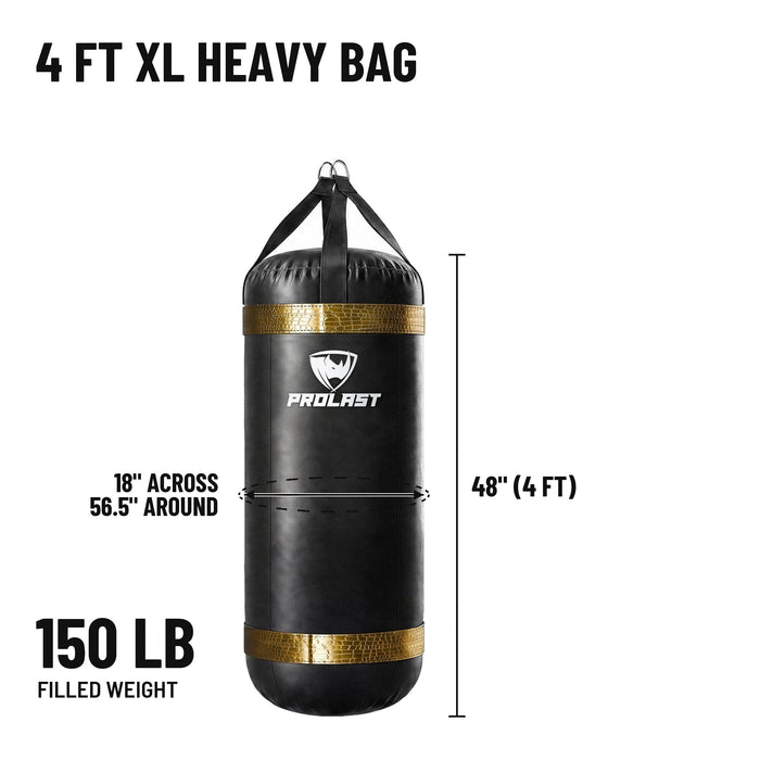 4 ft XL 150 lb heavy bag: 48 in body, 18 in across, 56.5 in around, 150 lb filled