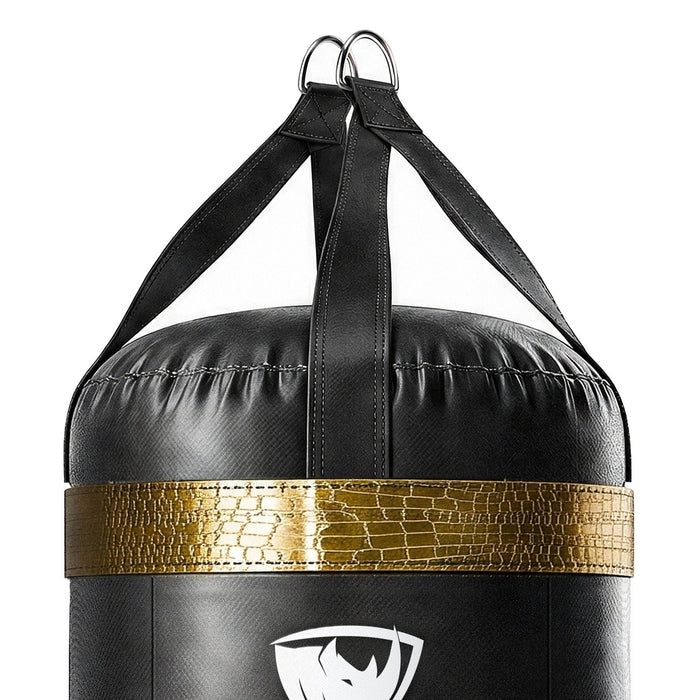 Close-up of the 4 ft XL 150 lb heavy bag: four hanging straps, one per panel, box-X stitching and two heavy steel D-rings