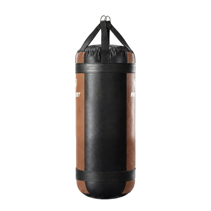 PROLAST 4 ft XL 150 lb stock heavy bag, brown with black trims and straps, side panel view, 4-panel construction