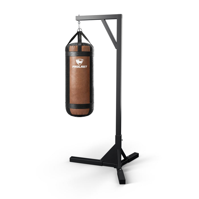 PROLAST 4 ft XL 150 lb stock heavy bag, brown, hanging from a PROLAST single bag stand on a steel snap hook through its D-rings (stand sold separately)