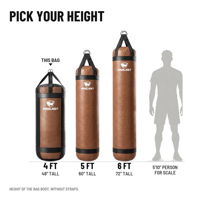 Height guide: 4, 5 and 6 ft PROLAST heavy bags in brown to scale next to a 5 ft 10 in person; this bag is the 4 ft XL 150 lb