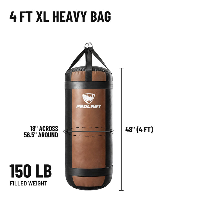 4 ft XL 150 lb heavy bag: 48 in body, 18 in across, 56.5 in around, 150 lb filled